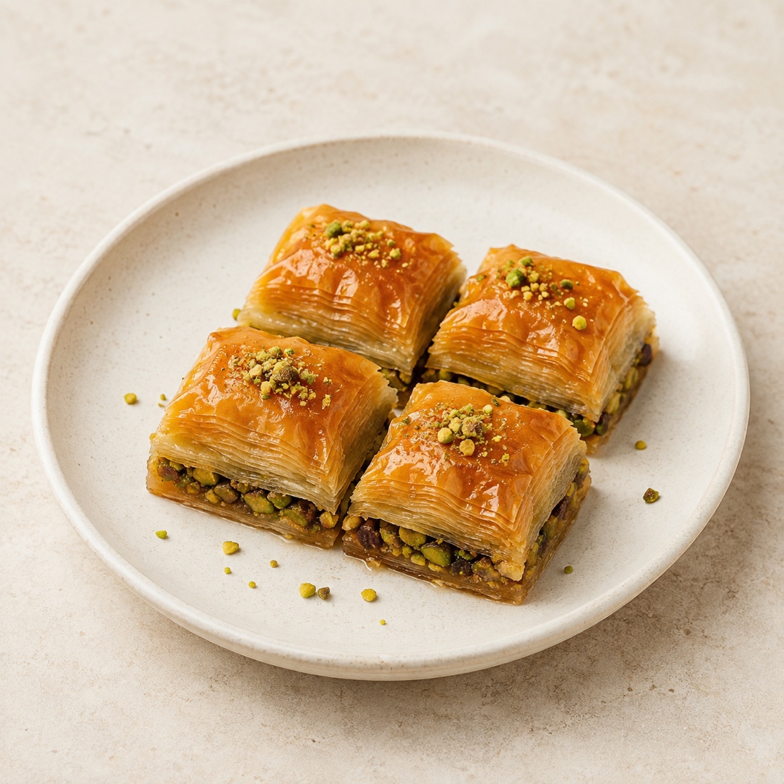 Four golden pistachio baklava pieces on an off-white plate